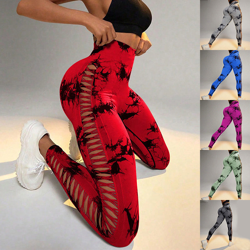 Hohle Krawatte Farbstoff bedruckte Yoga-Hose mit hoher Taille Hintern Aufzug Nahtlose Sport Gym Fitness-Leggings schlanke Hosen für Frauen enge Hosen