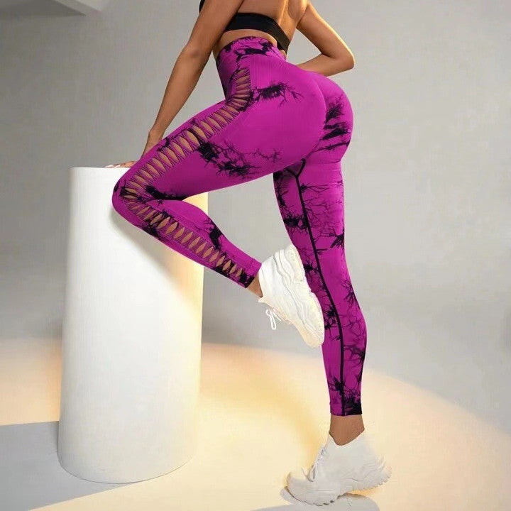 Hohle Krawatte Farbstoff bedruckte Yoga-Hose mit hoher Taille Hintern Aufzug Nahtlose Sport Gym Fitness-Leggings schlanke Hosen für Frauen enge Hosen