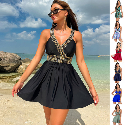 Bedrucktes Badeanzug kleid mit V-Ausschnitt, Strand urlaub, Bikini, Mode, Damen bekleidung