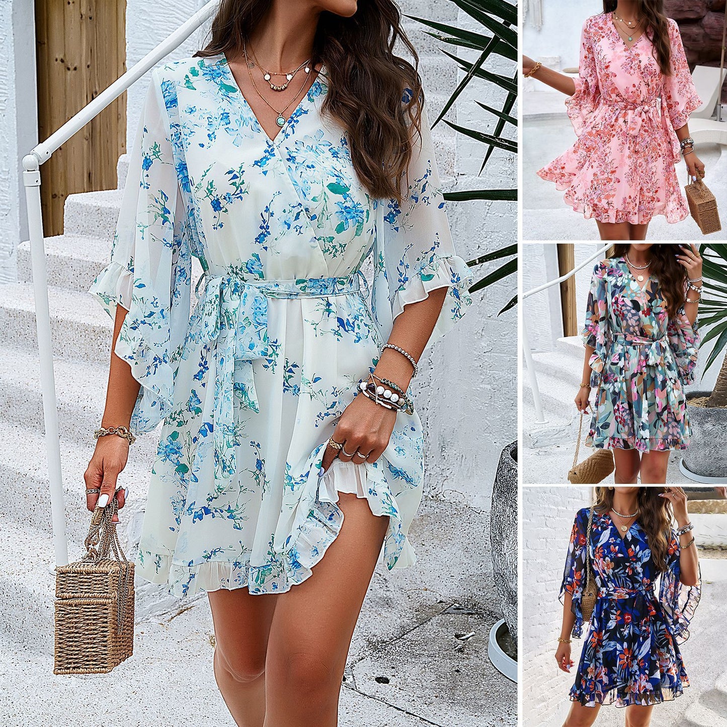 Sommer Blumen druck Kurzarm Kleid Schnürung Rüschen Design Mode V-Ausschnitt Kurz kleider Damen bekleidung